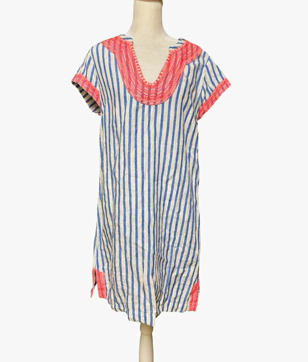 Boden Women 8L 100% Linen Tunic Dress Blue White Stripe Pink Embroidered